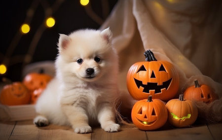 Pomeranian spitz puppy with pumpkins and jack o lanternsの素材