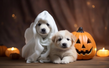 Cute Golden Retriever puppies in front of Halloween pumpkin.の素材