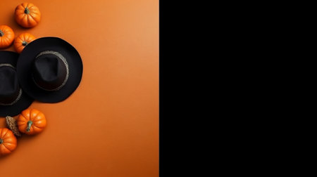 Top view of black hat and pumpkins on orange and black backgroundの素材