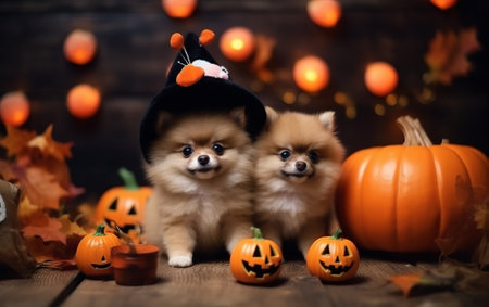 Pomeranian dog in witch hat and pumpkin on wooden background.の素材