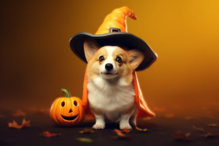 Welsh Corgi Pembroke dog in a witch hat with a pumpkin on a dark backgroundの素材
