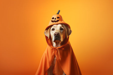 Labrador retriever dog in halloween costume on orange backgroundの素材