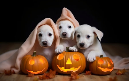 Jack Russell Terrier puppies with Halloween pumpkins on black background.の素材