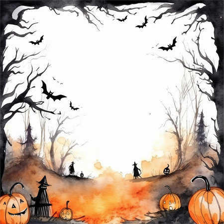 Halloween background with pumpkins and bats. Hand drawn vector illustration.の素材