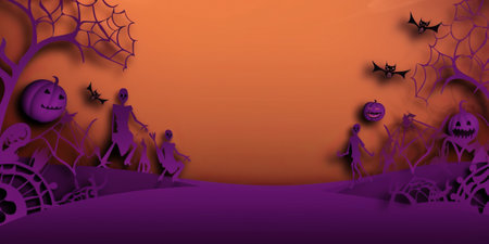 Halloween party background with pumpkins. Vector paper cut illustration.の素材