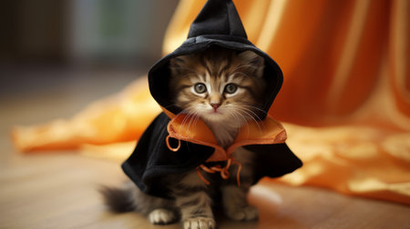 Cute little kitten in witch costume on halloween party.の素材