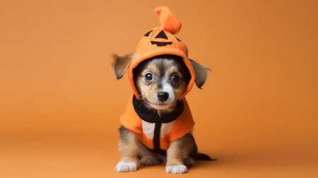 Funny puppy in a Halloween costume on a orange background. The concept of Halloween.の素材