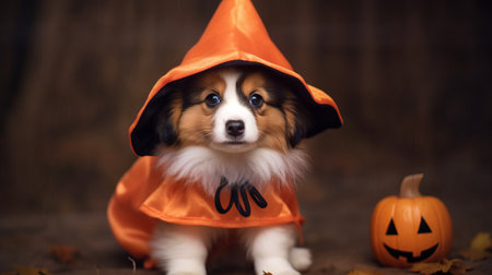Corgi puppy in a halloween costume with pumpkinsの素材
