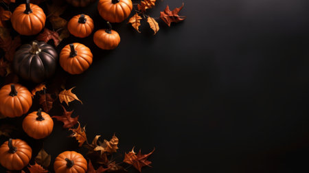 Halloween background with pumpkins and autumn leaves on black background.の素材