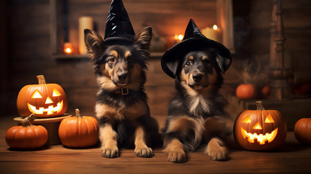 Two german shepherd puppies in witch hats and Halloween pumpkins on wooden backgroundの素材