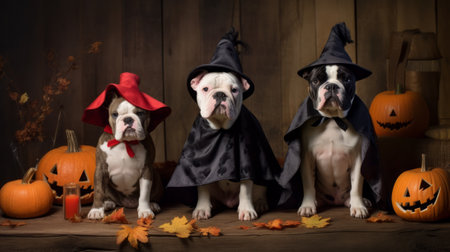 Three dogs in halloween costumes and pumpkins on wooden backgroundの素材