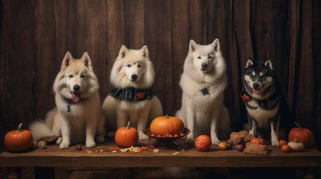 Group of siberian husky dogs with pumpkins on wooden backgroundの素材