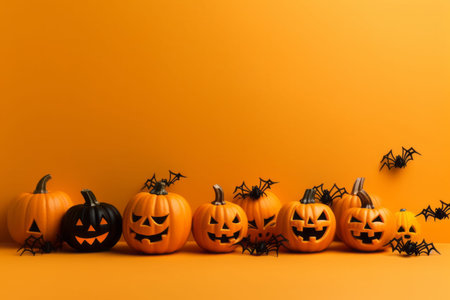 Halloween pumpkins and spiders on orange background, copy space for textの素材