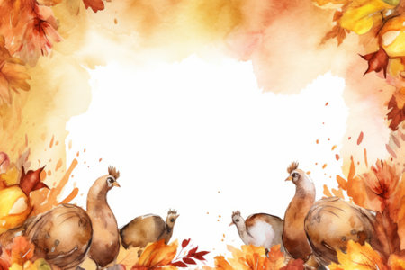 Watercolor autumn background with pumpkins, leaves and place for textの素材