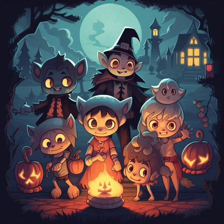 Halloween illustration with group of kids in costumes. Vector illustration.の素材