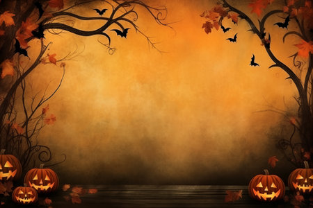 Halloween background with pumpkins, bats and leaves. Space for textの素材