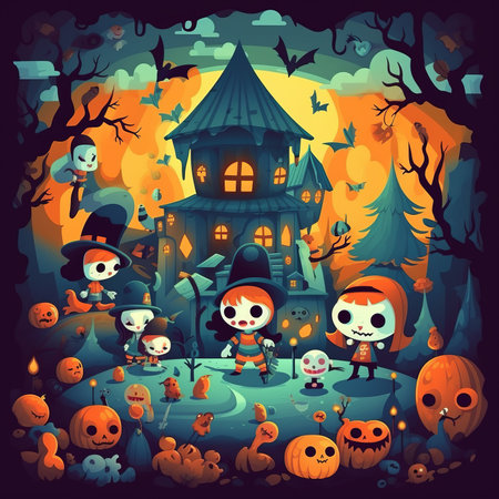 Halloween background with pumpkins and haunted house. Vector illustration.の素材