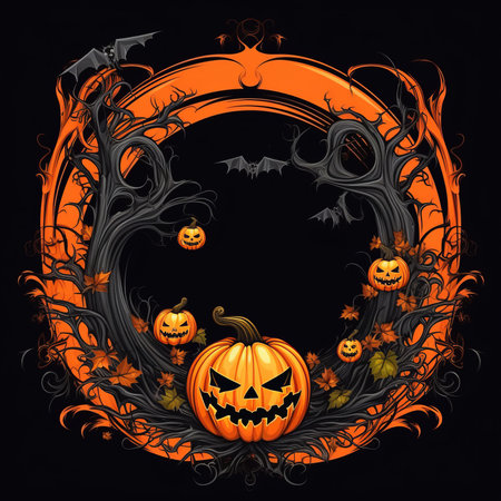 Halloween background with pumpkins, bats and spiders. Vector illustration.の素材