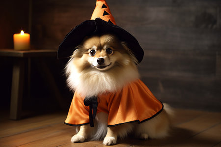 Cute dog in witch costume for Halloween party on wooden background.の素材