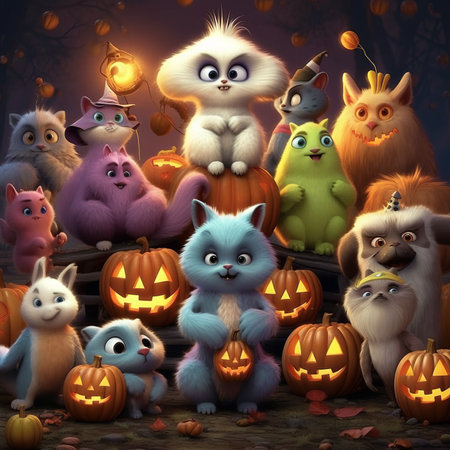 Halloween background with cute cats, owls and pumpkins.の素材