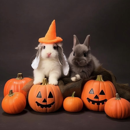 Two cute little rabbits and pumpkins on a dark background. Happy Halloween.の素材