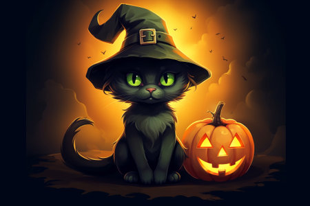 Black cat in witch hat sitting near pumpkin. Halloween concept. Vector illustration.の素材