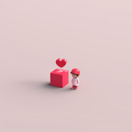 Valentine's day concept. 3d illustration of little boy and red box with heartの素材