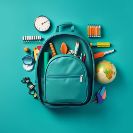 School backpack with stationery on turquoise background, top viewの素材