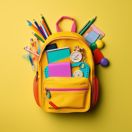 School backpack with stationery on yellow background. Back to school conceptの素材
