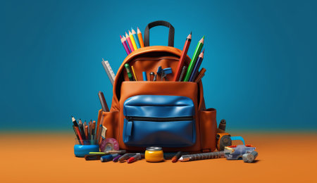 School supplies in a backpack on a blue background. 3d renderingの素材