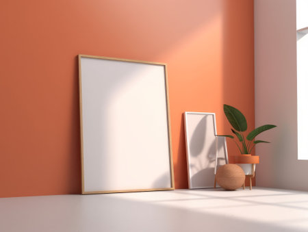 Interior of modern bright room with orange walls, concrete floor, white mock up poster frame and plant in pot. 3d renderingの素材