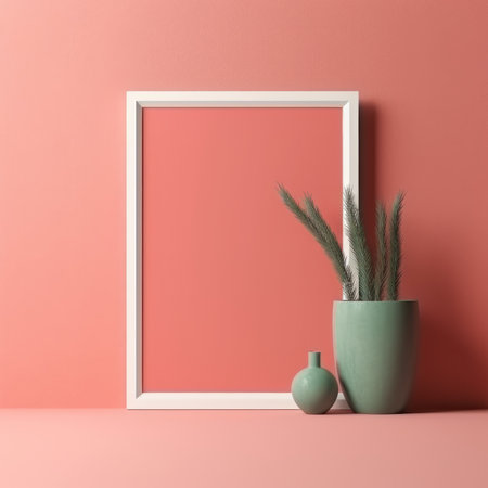 Mock up frame with pampas grass in vase on pink background. 3d renderの素材