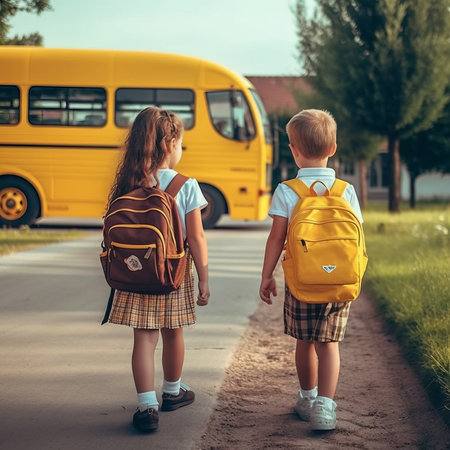 Back to school. Two cute little schoolgirls with backpacks going to school. Back to school concept.の素材