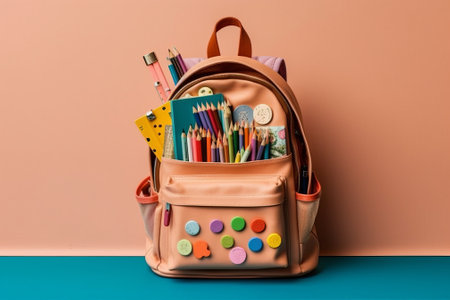 School backpack with stationery on color background. Back to school conceptの素材