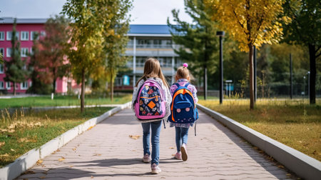 Back view of two schoolgirls with backpacks walking in autumn parkの素材