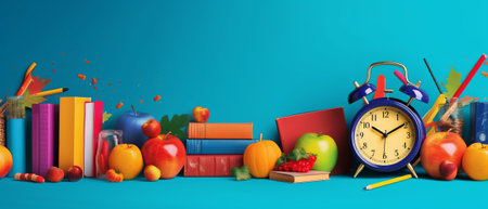 Back to school background with alarm clock, books and fruits. 3d illustrationの素材