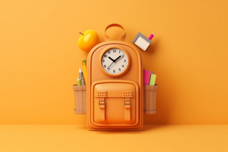 School backpack with stationery on orange background. Back to school conceptの素材