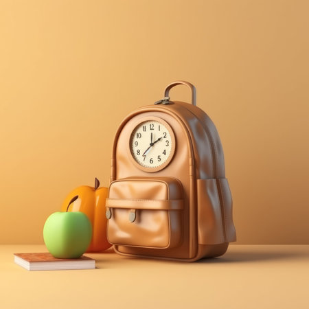 School backpack with apple and books on orange background. 3d renderの素材