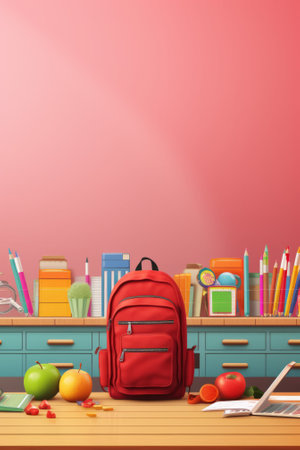School supplies on the table in the classroom. 3d illustration.の素材