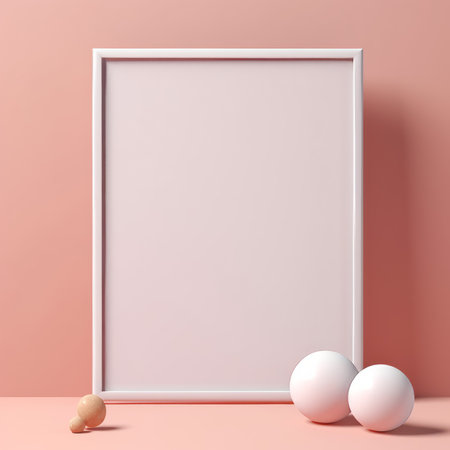 White frame with two white balls on a pink background. 3d renderingの素材