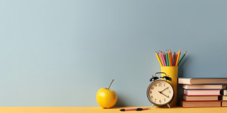 School supplies and alarm clock on table. Back to school concept.の素材