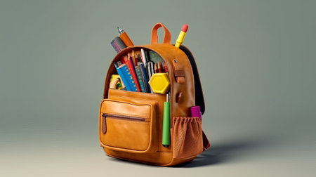 Brown backpack with school supplies on a gray background. 3d renderingの素材