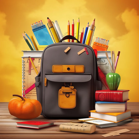 Back to school concept with backpack, books, pencils and pumpkinの素材