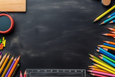 School supplies on blackboard background with copy space. Back to school conceptの素材