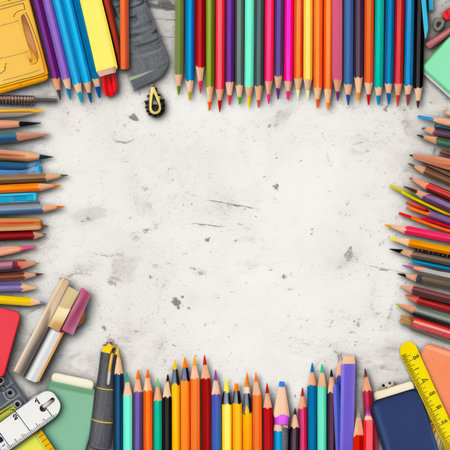 School supplies on a marble background. Back to school concept. Top view.の素材