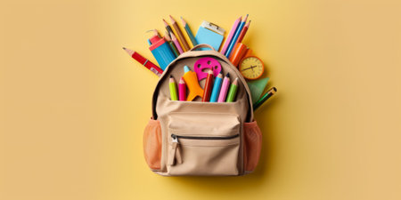 School backpack with stationery on yellow background. Back to school conceptの素材