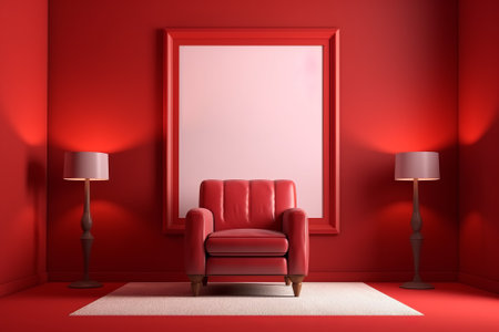 Interior of living room with red walls, carpet and armchair. 3d renderingの素材