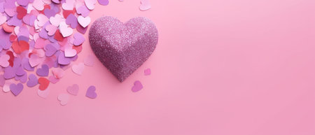 Valentine's Day background with pink heart and confetti on pink backgroundの素材