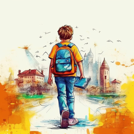 Young boy with a backpack on the background of the old town.の素材