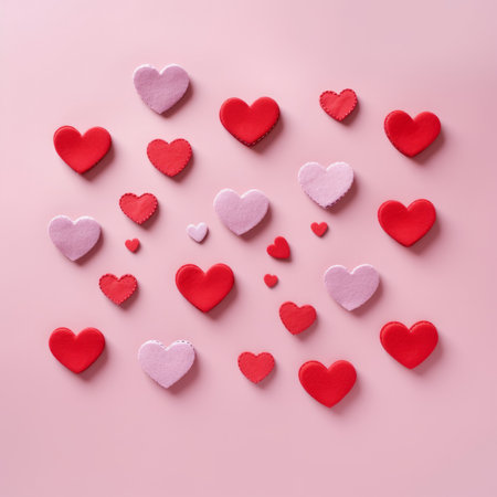 Valentine's day background with red and white hearts on pink backgroundの素材